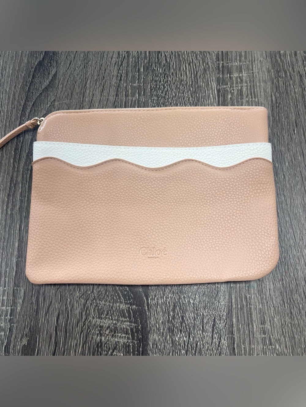 Chloé Pink Pebbled Leather Clutch with White Scallop